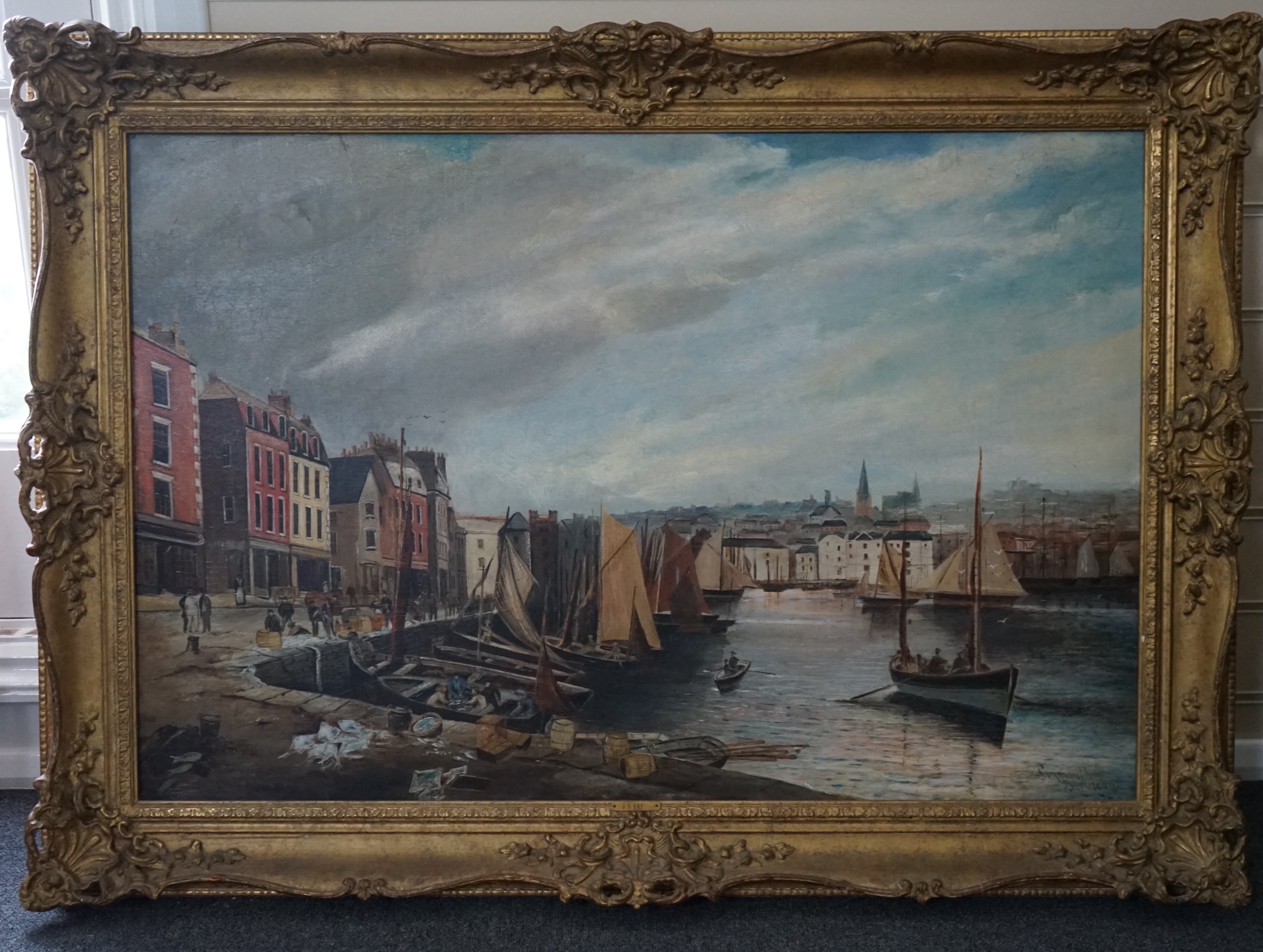 J.S. Guy (English, 19thC.), oil on canvas, 'Plymouth, Barbican', signed and titled, 60 x 90cm. Condition - fair